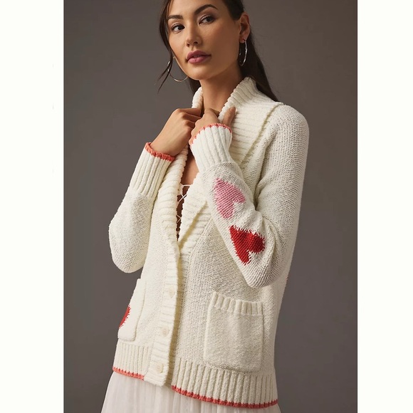 Maeve Sweaters - Anthropologie Maeve Cream Cardigan with Pink and Red Hearts Valentines